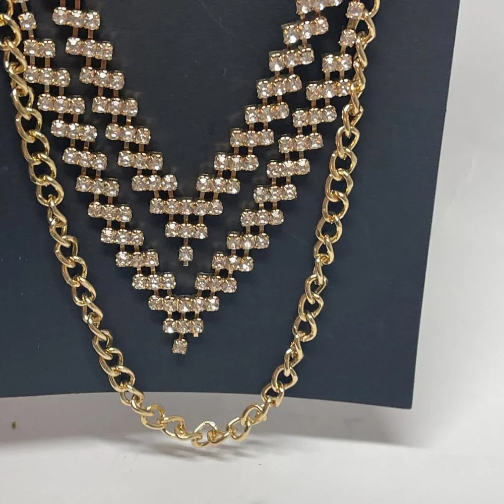 BeBe GOLD RHINESTONE CHAIN LINK 3 LAYER NECKLACE new in packet - Picture 3 of 6